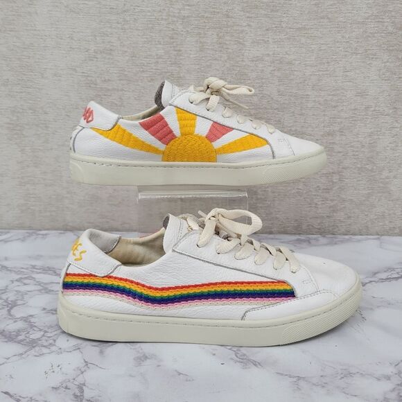 Soludos White Leather Sneakers with Rainbow and Sun Embroidered Design - Picture 1 of 11